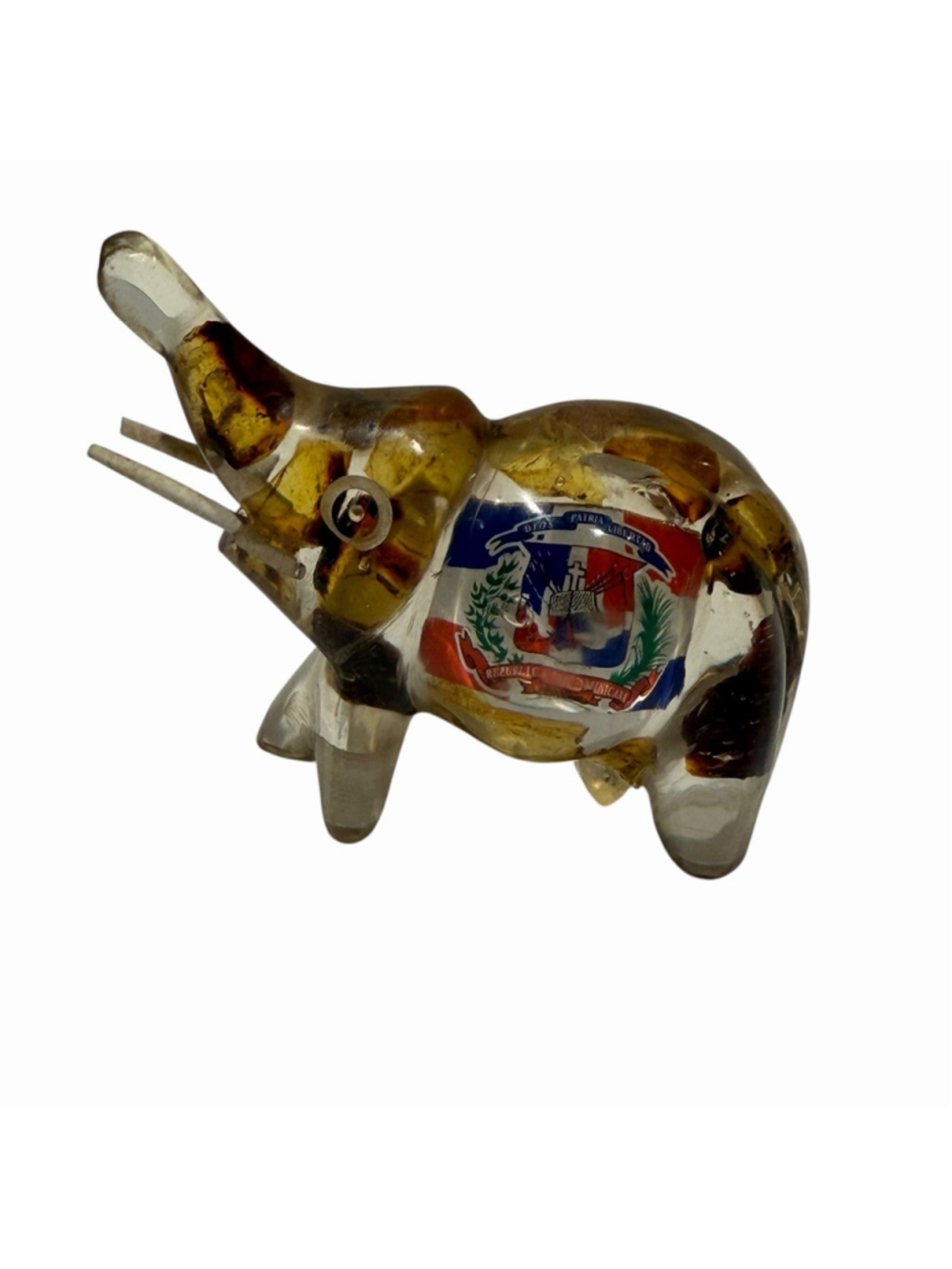 VTG Dominican Republic Lucite Elephant Figurine Acrylic Souvenir 2.75” Trunk Up